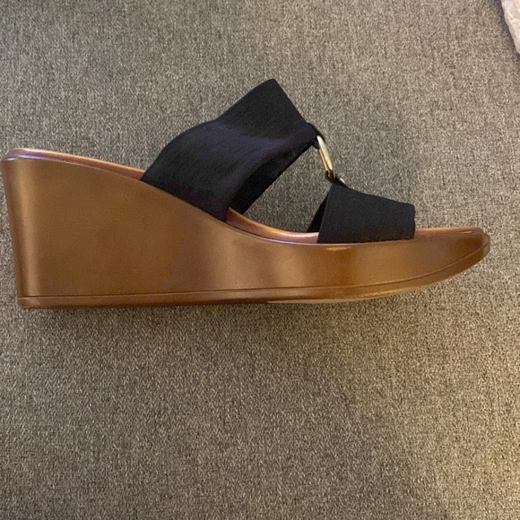 Italian Shoemakers Black Nylon Brass And Leather Wedge Sandal Womens Size 9 - Picture 6 of 15